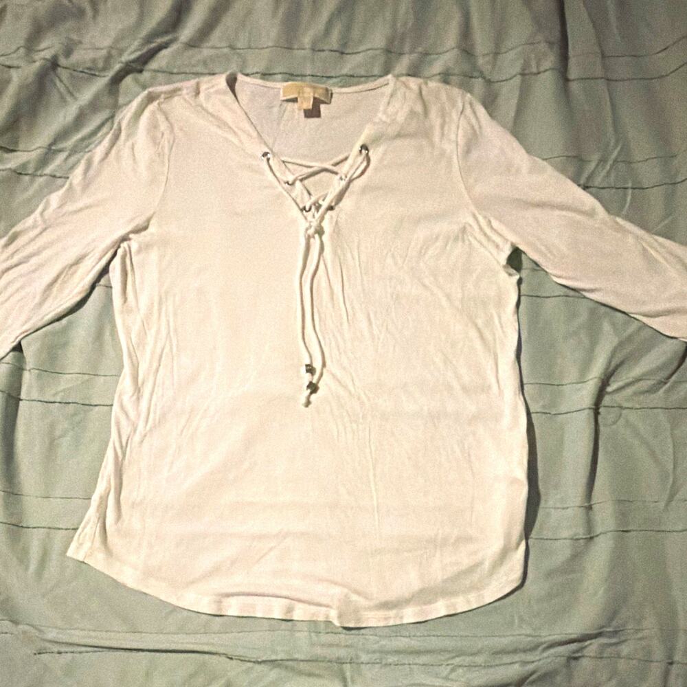 Michael Kors Women’s M White Lace Up V Neck 3/4 Sleeve Cotton Knit Top